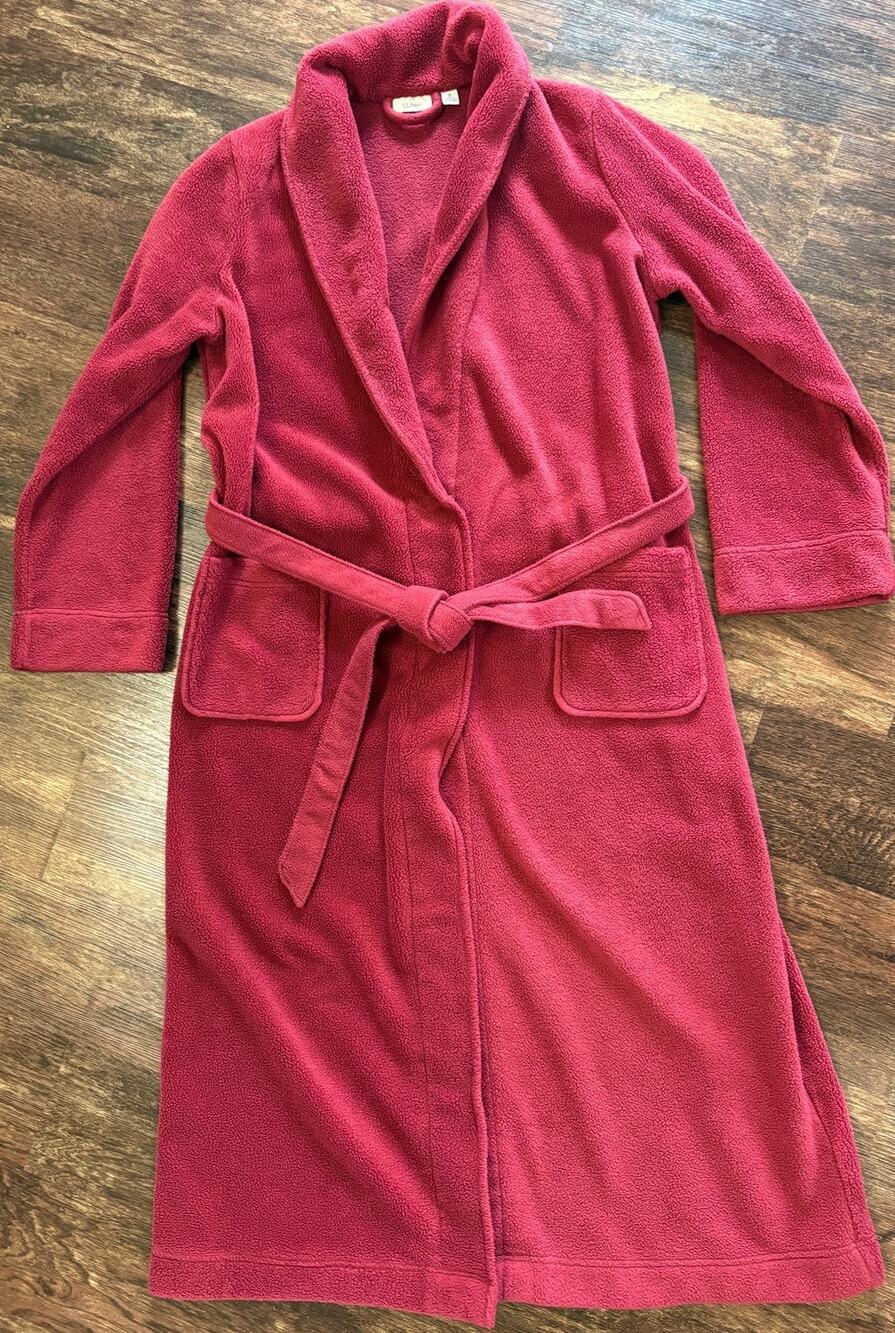 L.L. Bean Wicked Plush Robe Cranberry Red Belted Long Fleece Bathrobe M